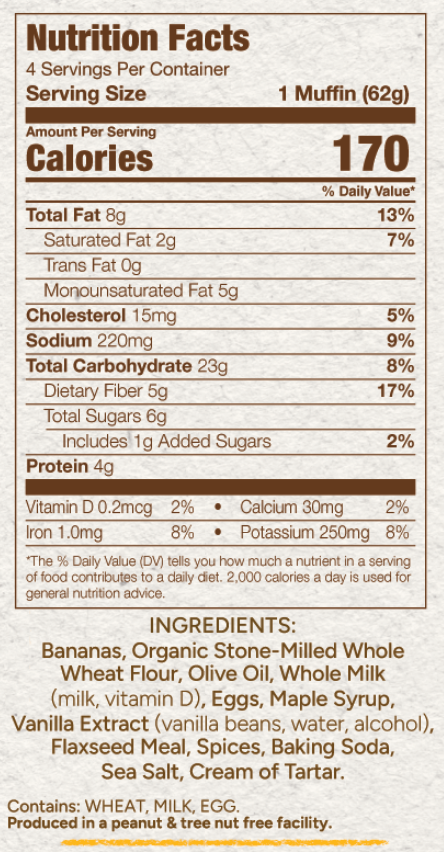 Nutrition facts label for a single banana bread muffin with serving size, calories, and ingredient list.