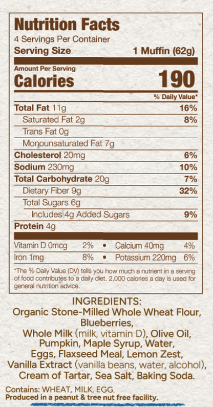Nutrition label for a muffin with detailed nutritional information and ingredients listed.