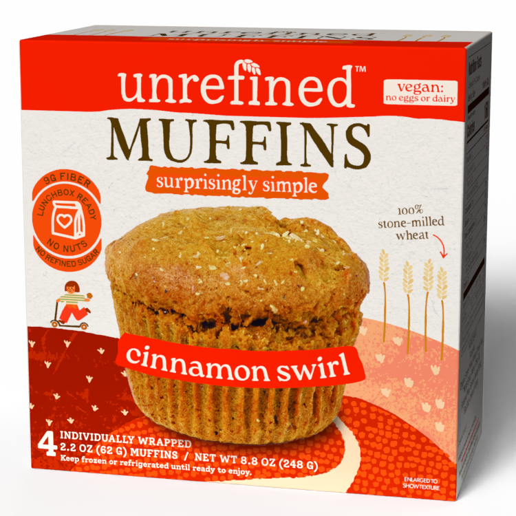 Box of unrefined cinnamon swirl muffins with a red and white design.