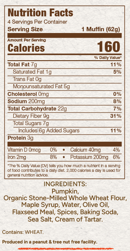 Nutrition facts label for cinnamon swirl muffin with serving size, calories, and ingredient list.