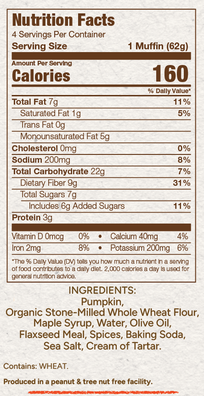 Nutrition facts label for cinnamon swirl muffin with serving size, calories, and ingredient list.