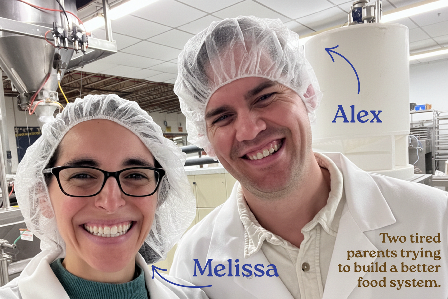 Two people in a food processing plant wearing hairnets with text labels