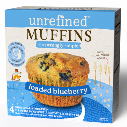 Box of unrefined loaded blueberry muffins with a blue and white design.